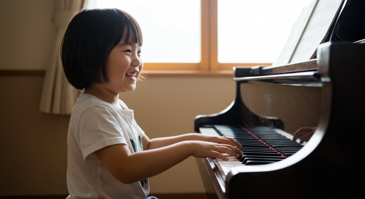 ピアノを弾いて笑顔になる子ども