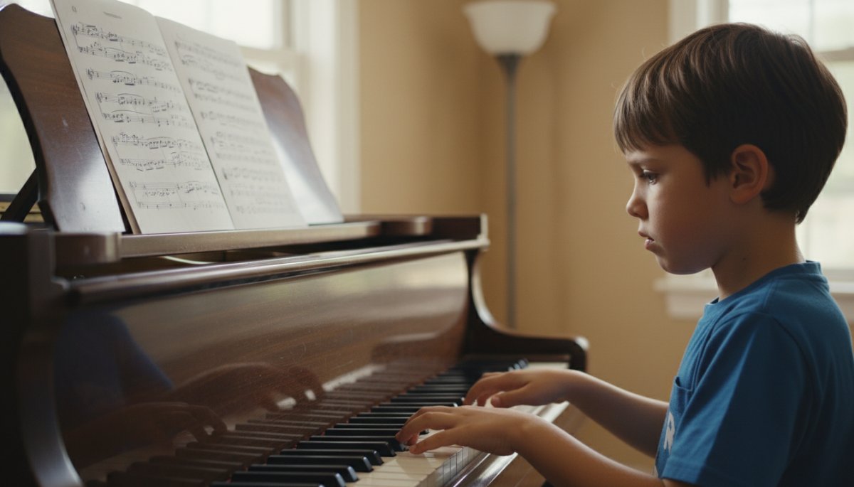 楽譜を見ながらピアノを練習する子ども