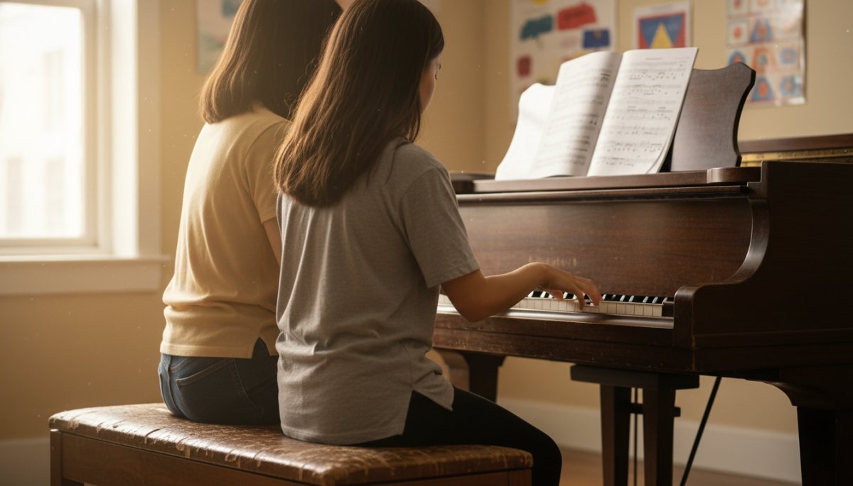 ピアノ教室で先生と一緒にレッスンを受ける子ども