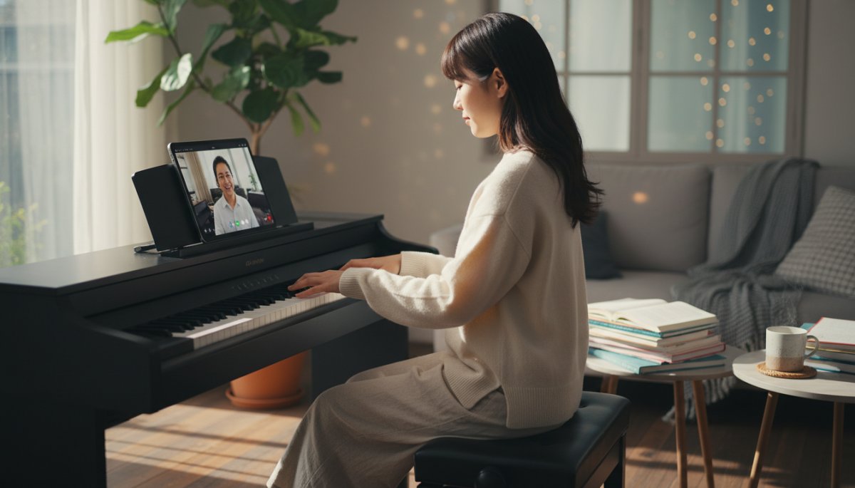 オンラインピアノレッスンを受ける様子 自宅でリラックスした環境