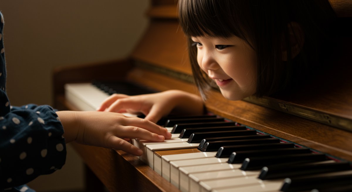 ピアノを弾く子どもの手元と笑顔