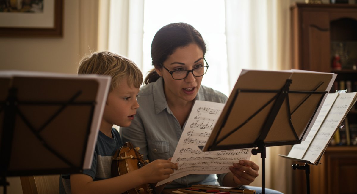 音楽レッスンで先生と一緒に楽譜を見る子ども