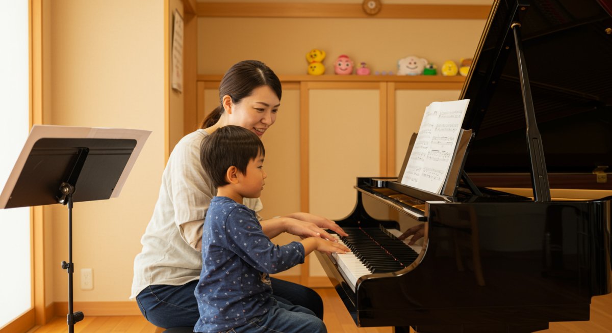 音楽レッスンで先生と向き合う子ども