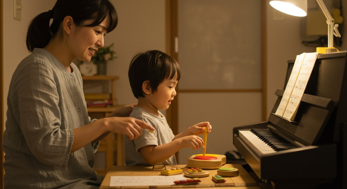 家庭で音楽を楽しむ親子の様子
