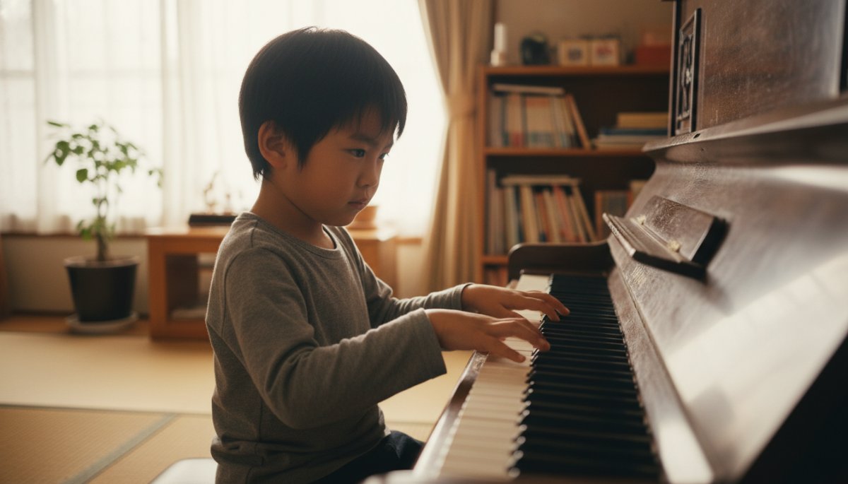 ピアノレッスンで集中する子どもの様子