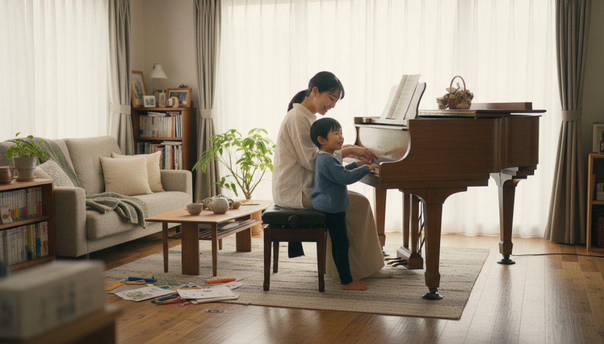 家庭でピアノ練習をサポートする親子の様子