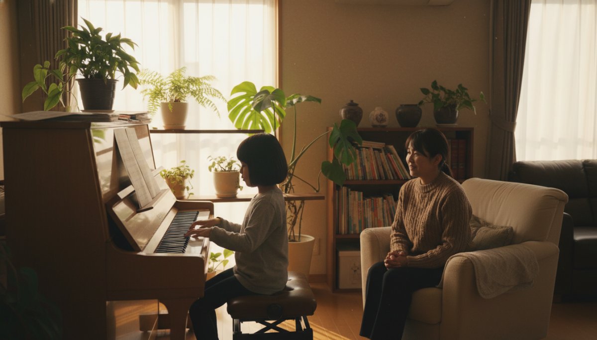 ピアノ練習をする子どもと見守る親の温かい雰囲気