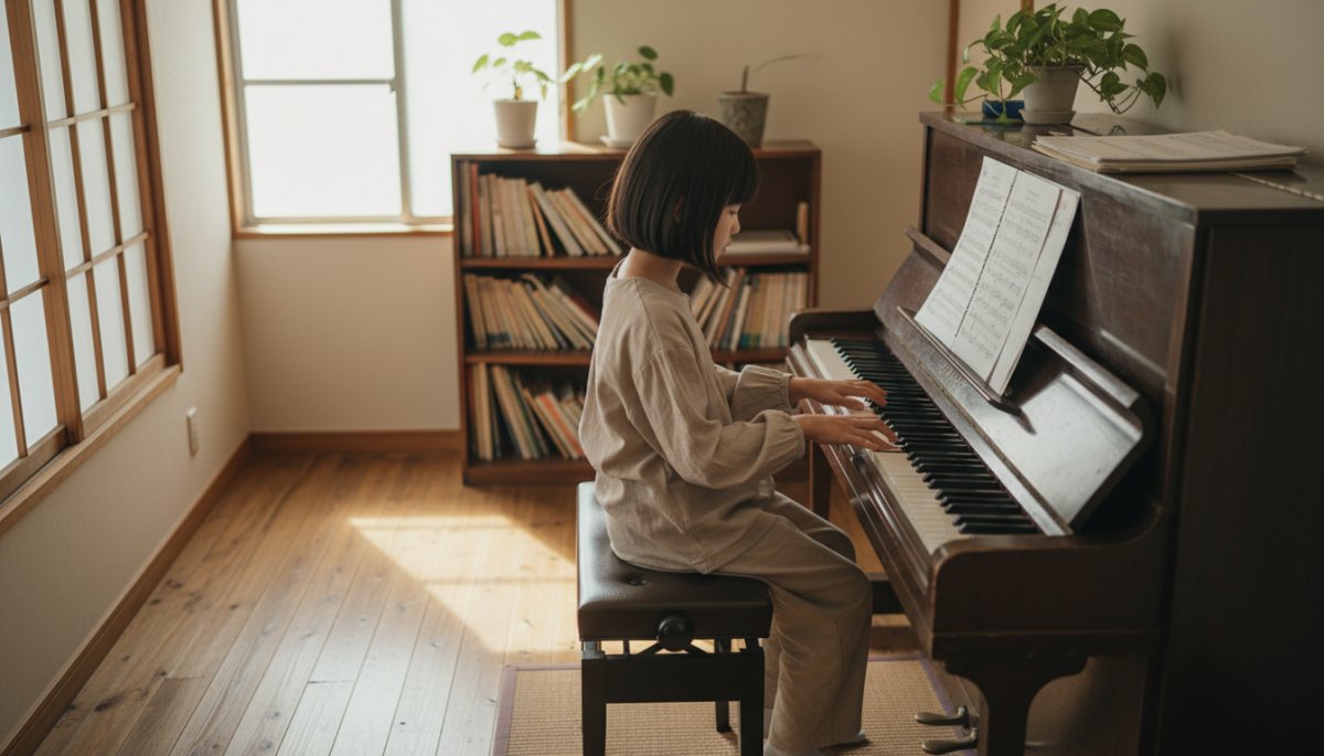 自主的にピアノ練習に取り組む小学生の姿