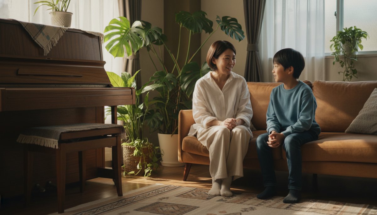 親子でピアノについて対話する温かい場面