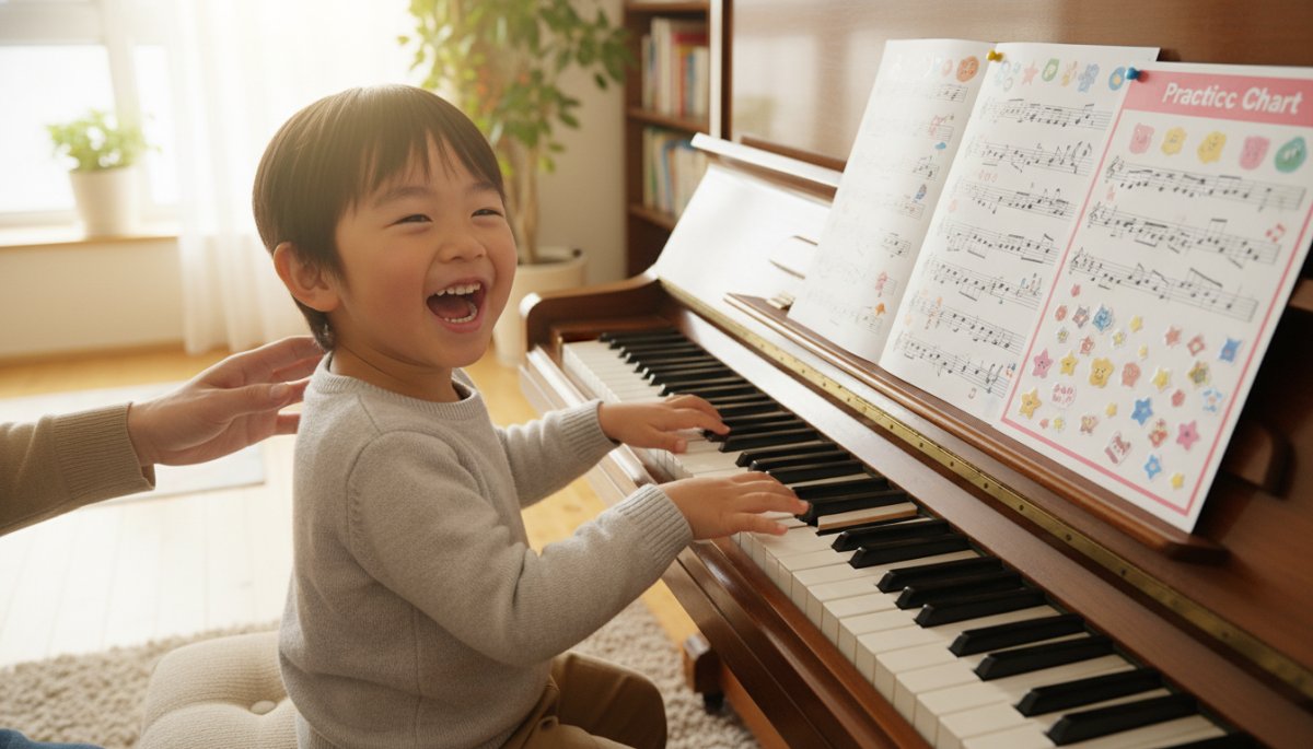 子どもが楽しそうにピアノを弾いている様子