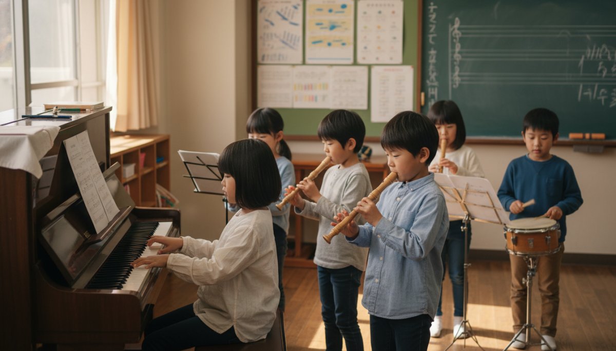 子どもたちが楽器を演奏する情操教育の風景