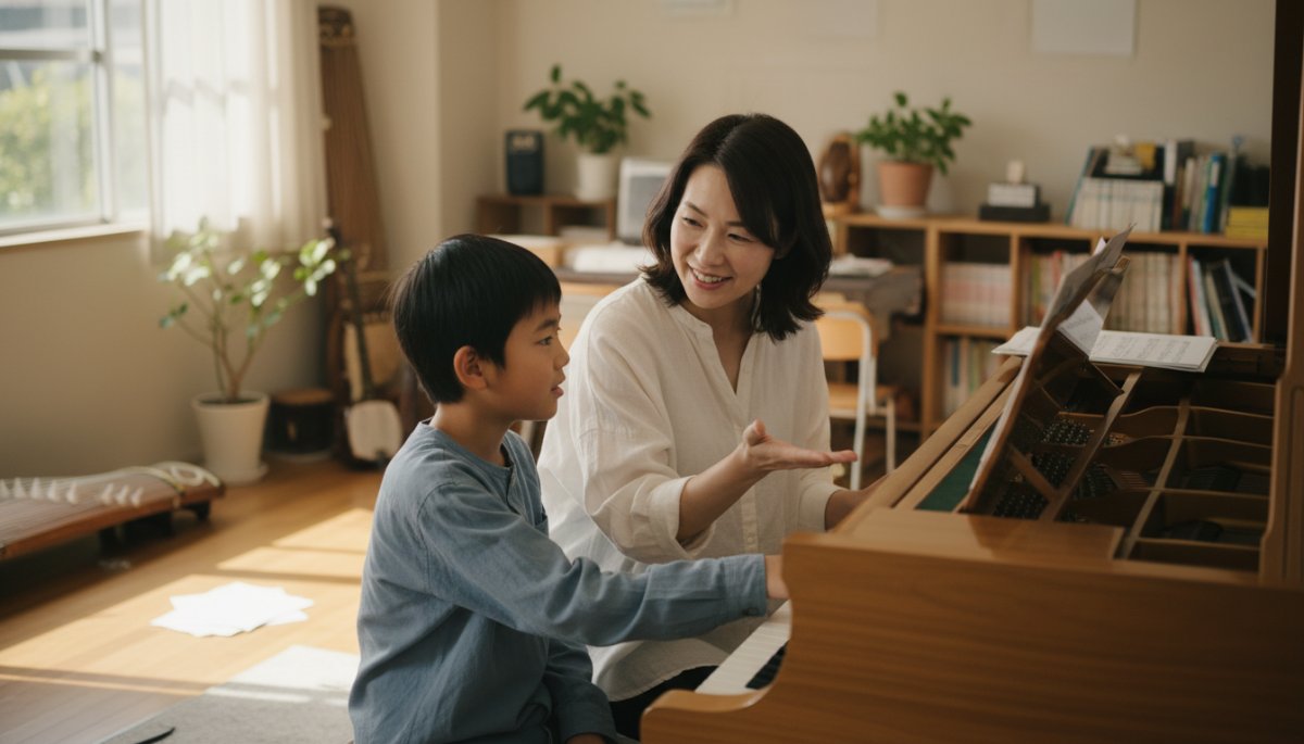 先生と生徒が対話しながらレッスンしている風景 問いかけ型指導