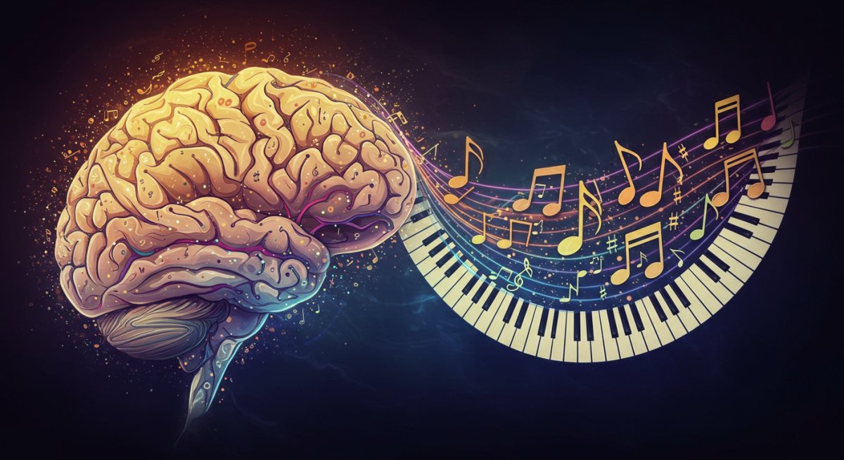 音楽と脳の発達を表す抽象的なイメージ