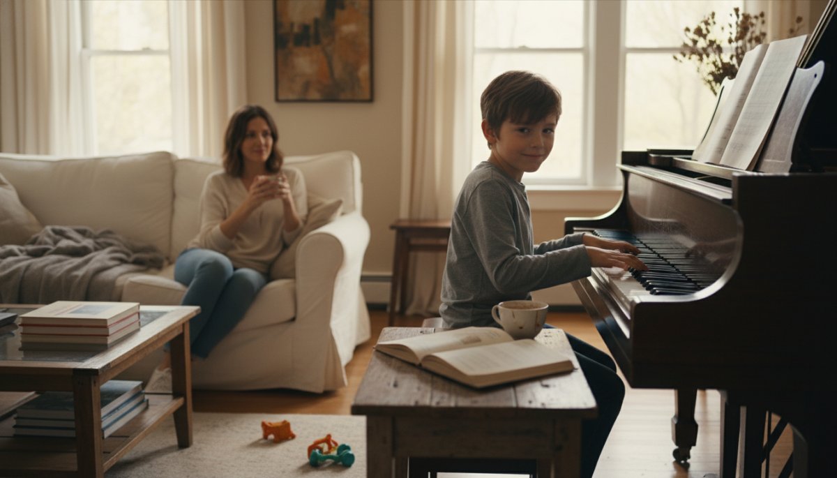 子どもの音楽練習を温かく見守る保護者の様子