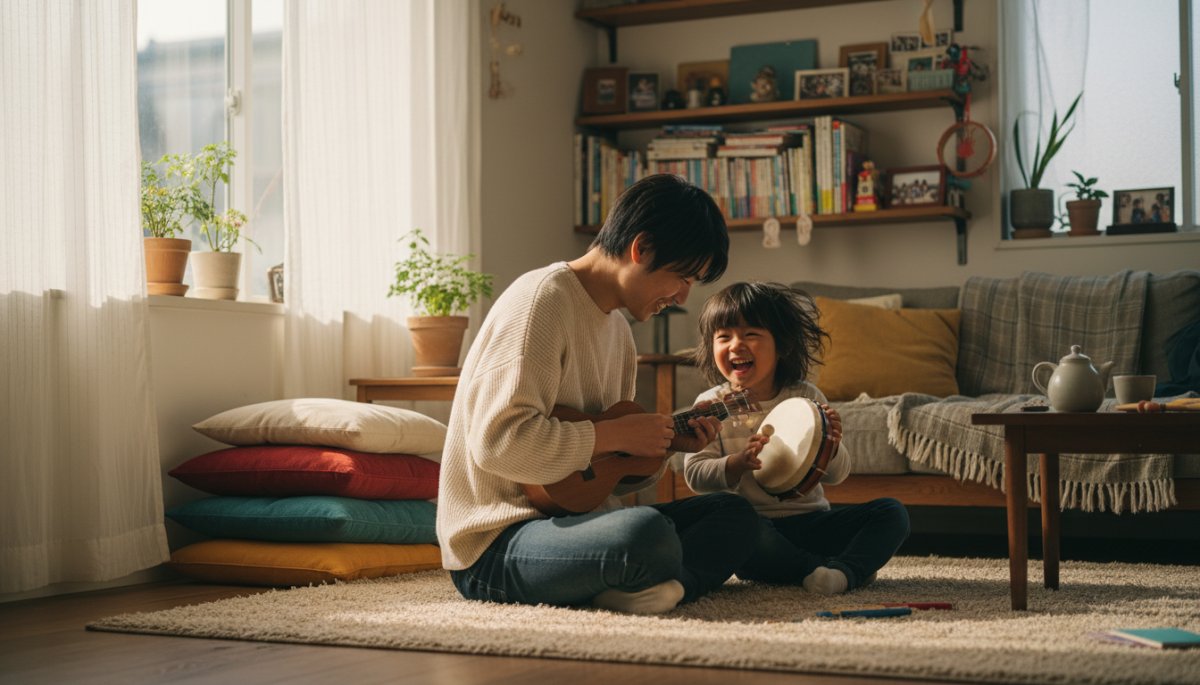 家庭で音楽を楽しむ親子の様子