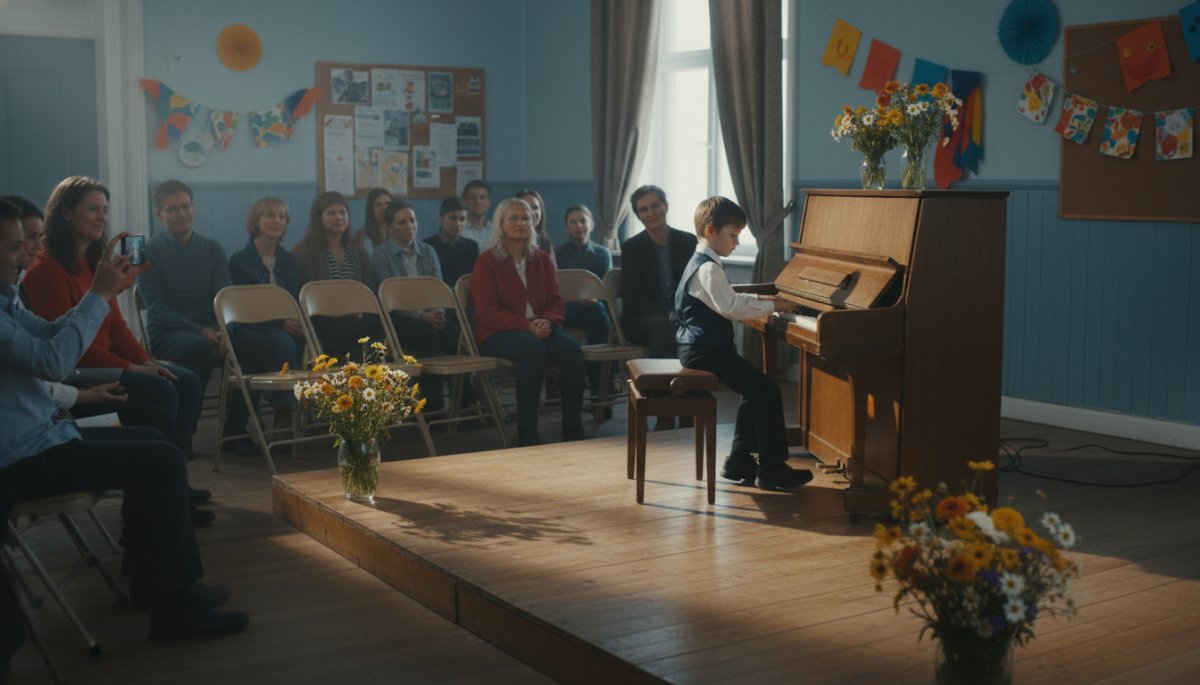 音楽教室の発表会で演奏する子どもと温かく見守る観客