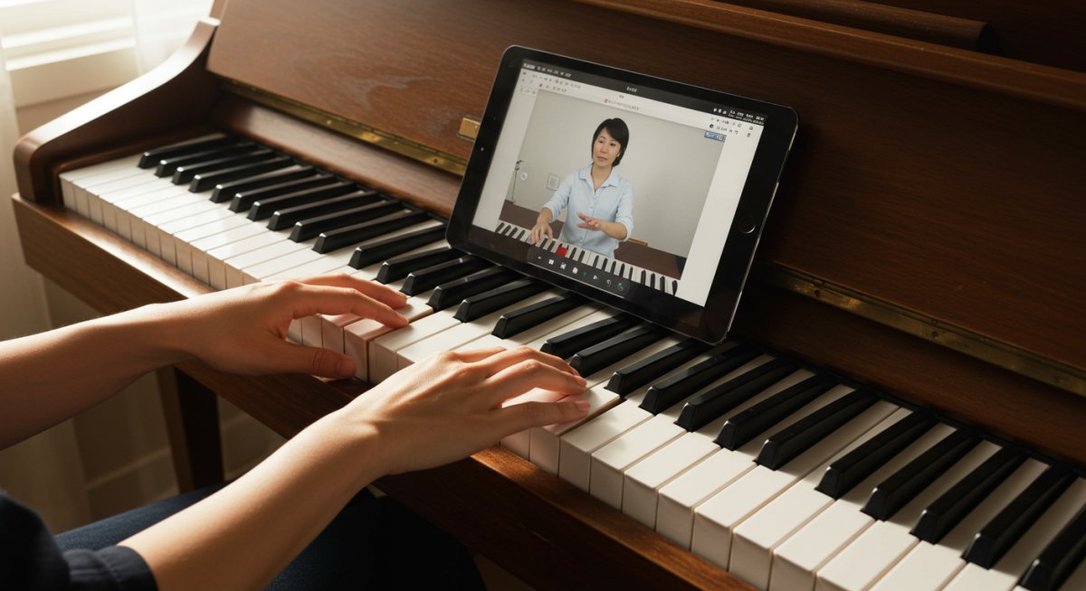 タブレットを使ったオンラインピアノレッスンの様子