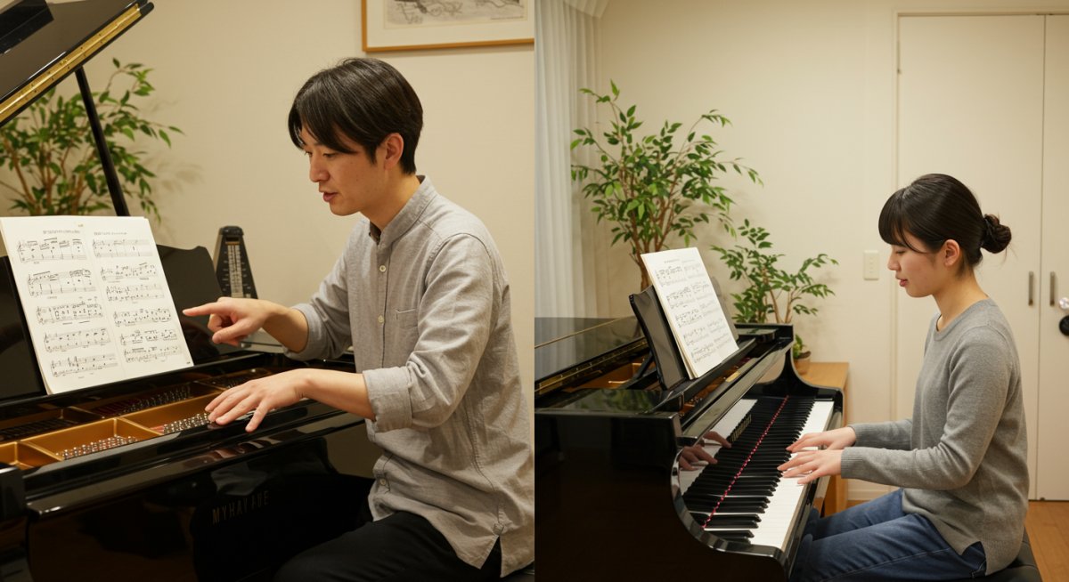 ピアノを教える先生と生徒の様子