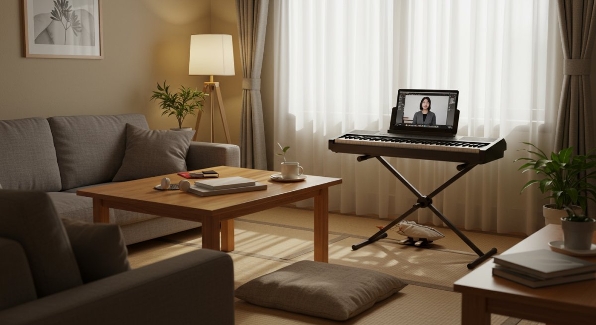 自宅でリラックスしてオンラインピアノレッスンを受ける様子