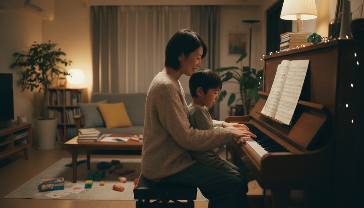 家庭でのピアノ練習風景と親子の絆