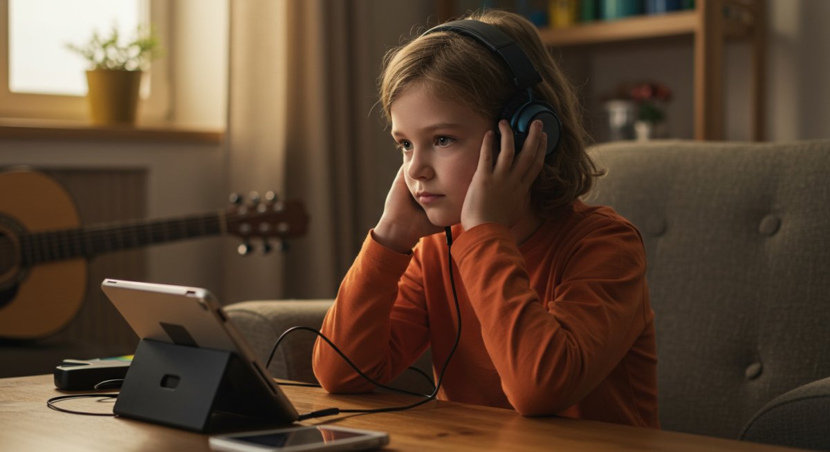 子どもが自分の演奏を録音して聴いている様子