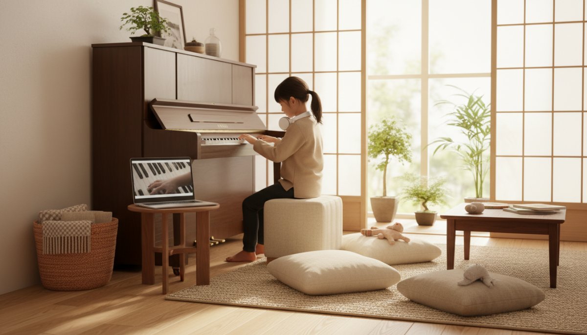 オンラインでピアノ練習する子ども
