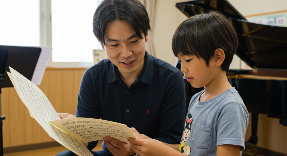 楽譜を選ぶ子どもと先生