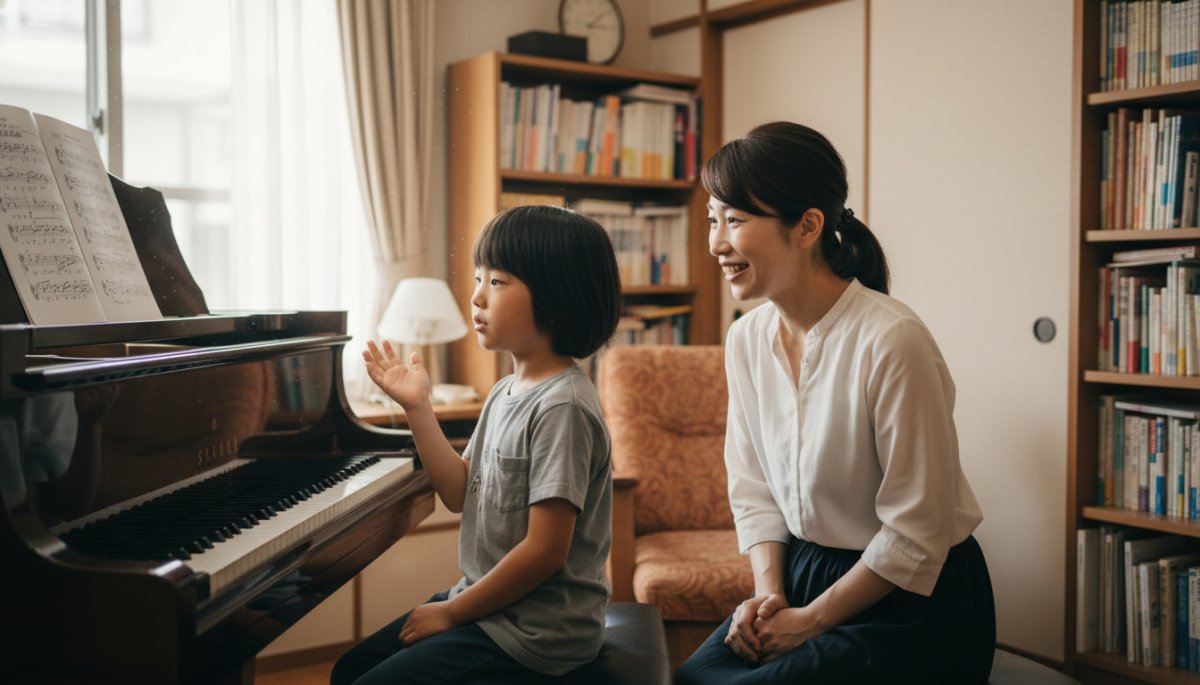 ピアノレッスンで振り返りをする子どもと先生