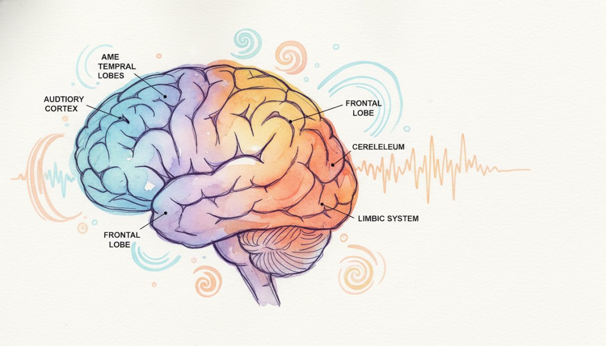 子どもの脳と音楽活動の関係を示すイメージ