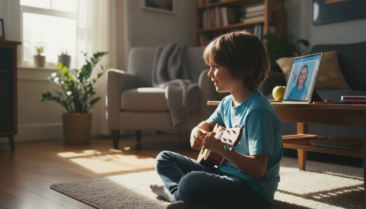 オンラインで音楽を学ぶ子どもの様子
