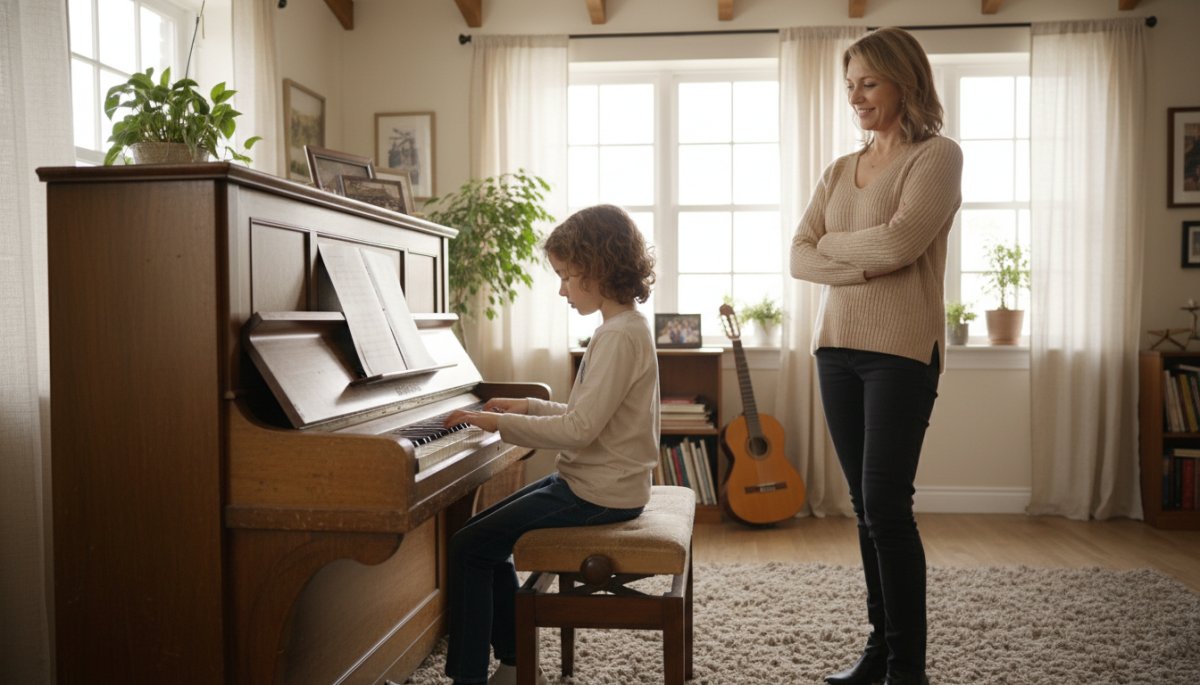 ピアノ教室で先生が子どもの成長を見守る様子