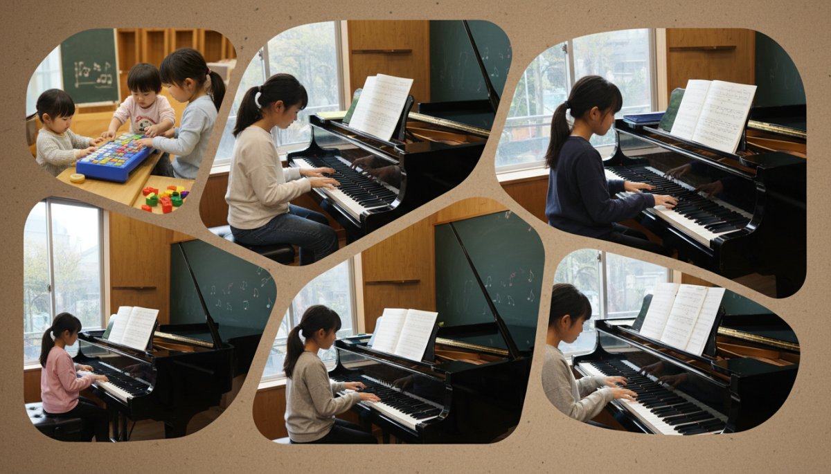 様々な年齢の子どもたちがピアノを学ぶ様子