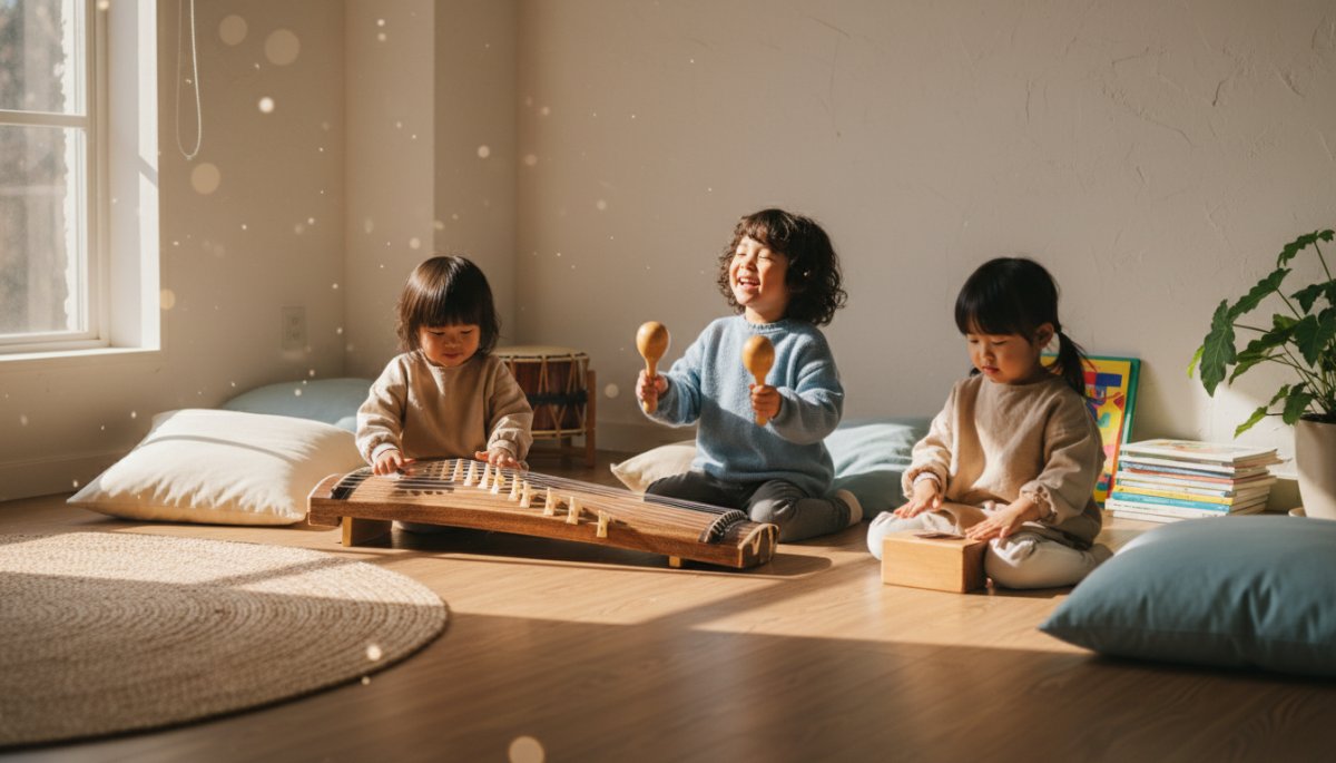 子どもが音楽を楽しむ様子 自然な笑顔で楽器に触れる