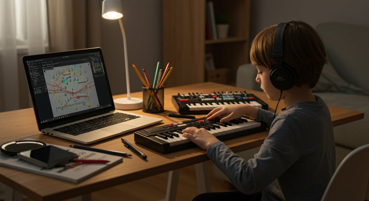 AIと共存しながら創造的な音楽活動をする子どもの様子