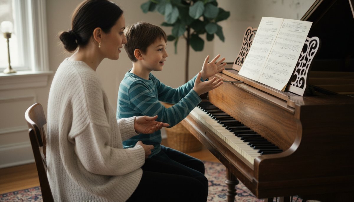 ピアノ教室でコーチング型指導を受ける子どもと先生の対話風景