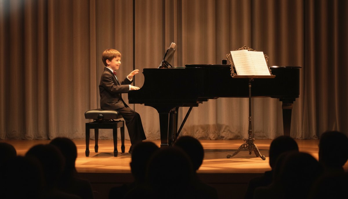 ピアノ発表会で自信を持って演奏する子どもの姿
