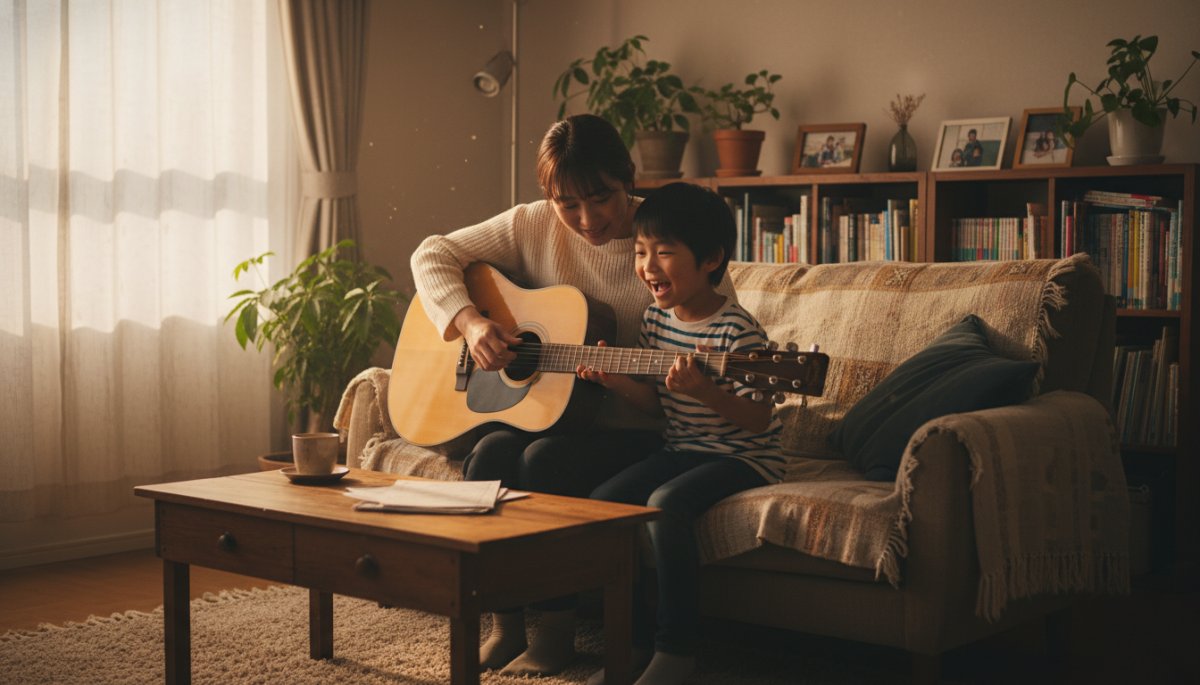 家庭で音楽を楽しむ親子の様子